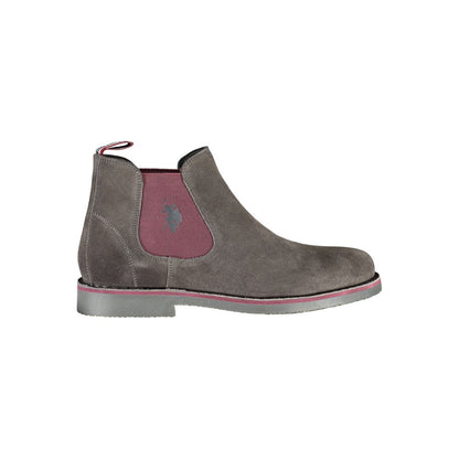 U.S. POLO ASSN. Gray Leather Mens Ankle Boot with elastic panels and iconic logo, showcasing sleek design and premium quality.