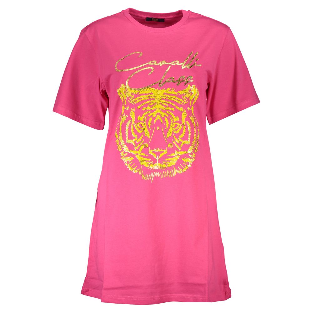 Cavalli Class Pink Cotton Women T-Shirt with tiger print and logo, luxury fashion top, regular fit, premium cotton short sleeve for women.