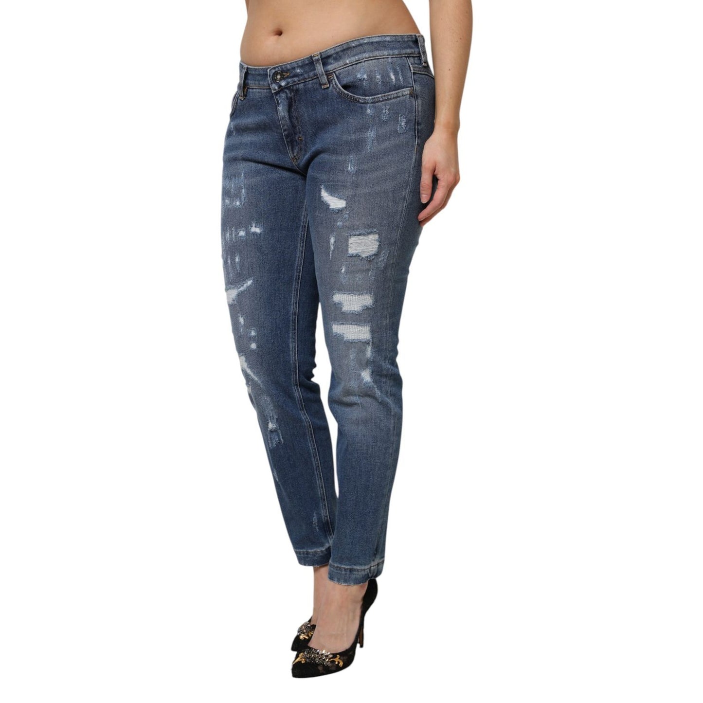 Dolce & Gabbana Blue Tattered Cotton Low Waist Denim Jeans