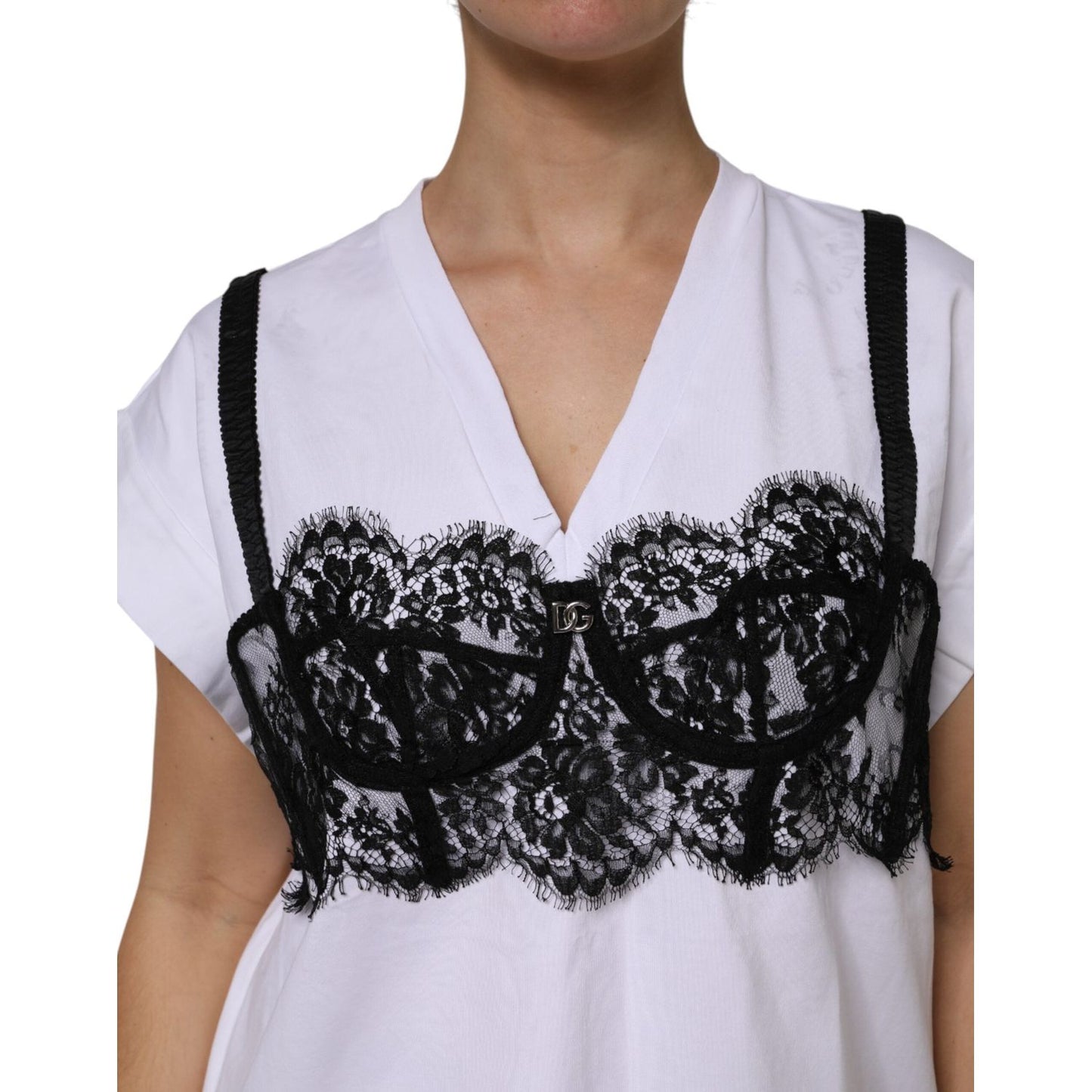 Dolce & Gabbana White Lace Cotton V-Neck Short Sleeves Top TSH87130-42