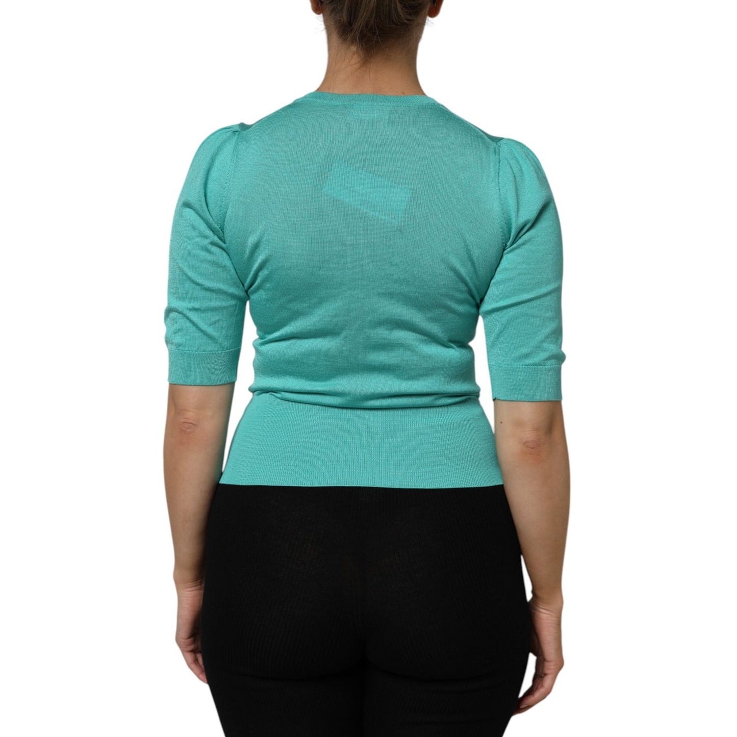 Dolce & Gabbana Aqua Blue Silk Short Sleeves Square Neck Top