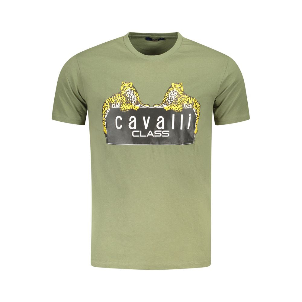 Cavalli Class Green Cotton Men T-Shirt with unique leopard print and logo, perfect for stylish and confident dressing. Soft cotton material.