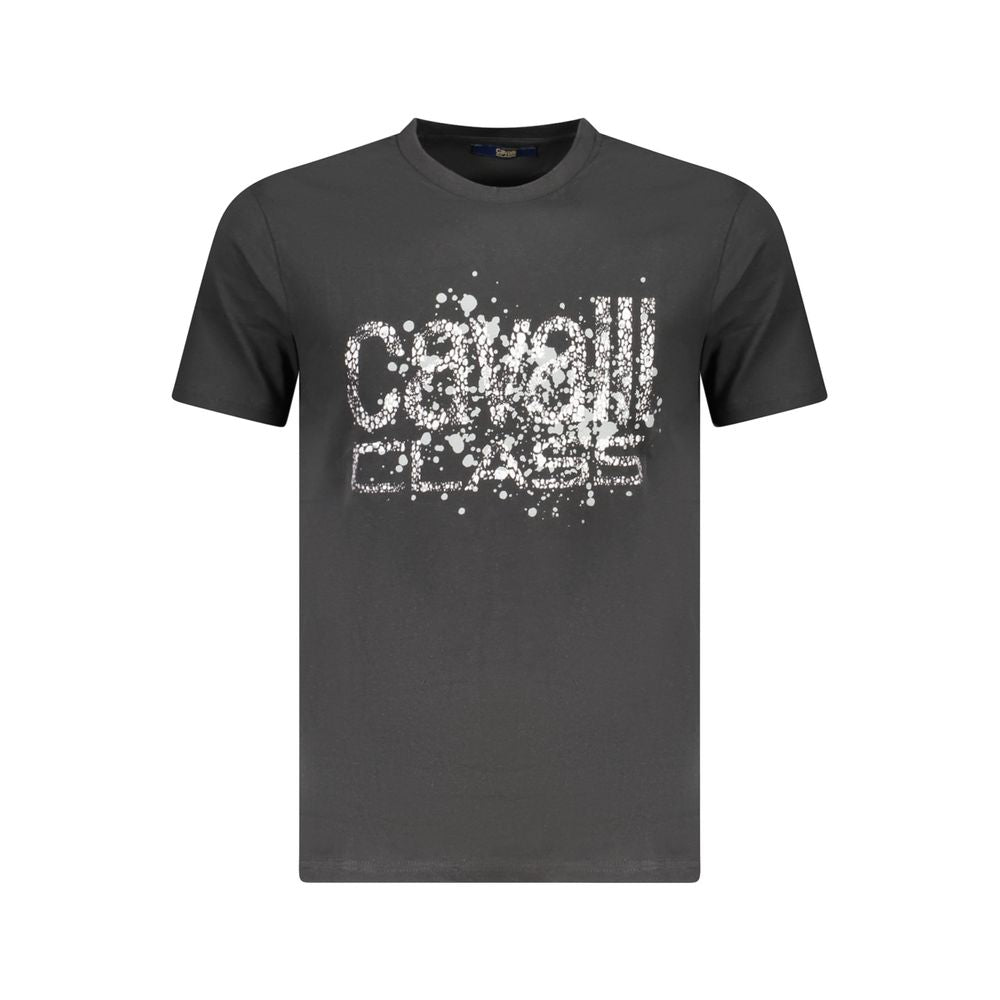 Cavalli Class Black Cotton Men T-Shirt with bold logo and print, short sleeve crew neck, stylish and durable fashion essential for men