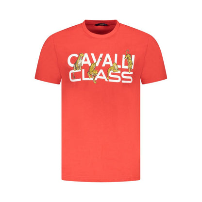 Cavalli Class Red Cotton Men T-Shirt featuring bold print and logo, crafted for comfort and style