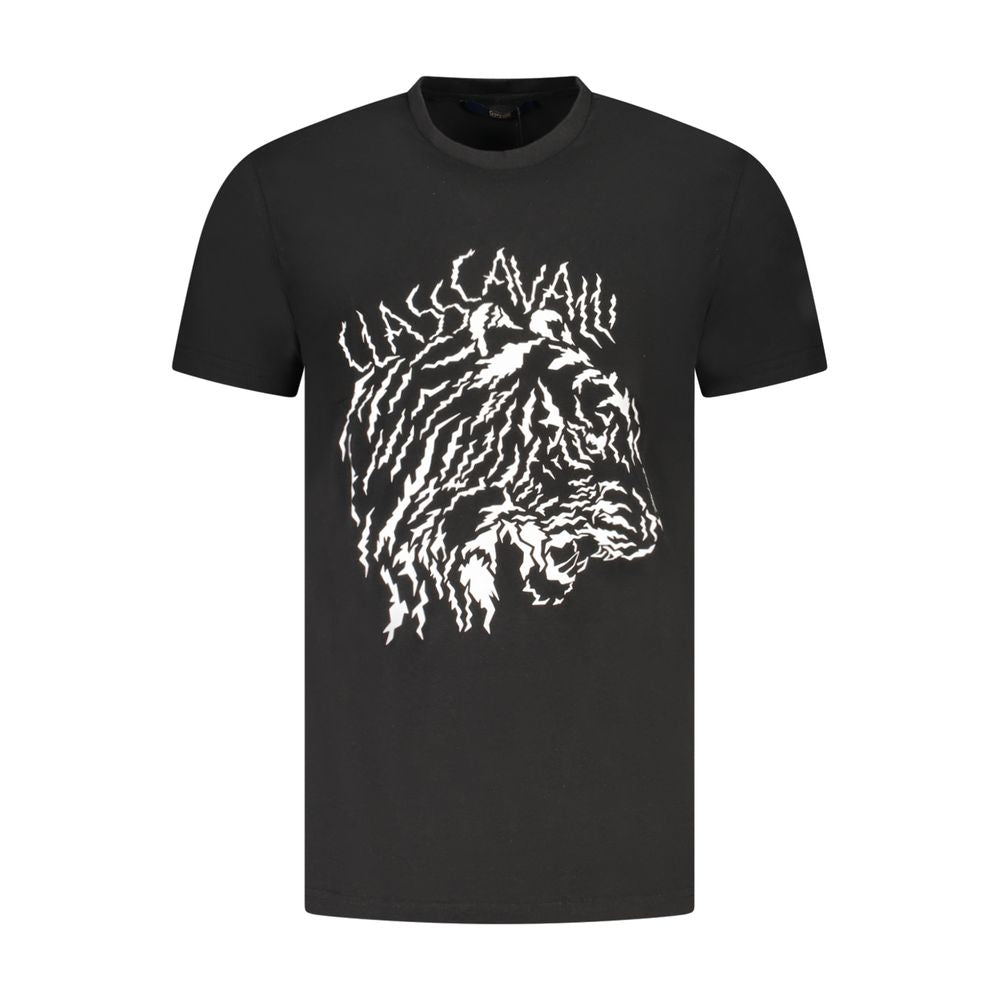 Cavalli Class Black Cotton Men T-Shirt with bold tiger print and logo, luxury streetwear fashion.