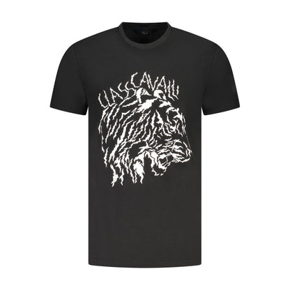 Cavalli Class Black Cotton Men T-Shirt with bold tiger print and logo, luxury streetwear fashion.