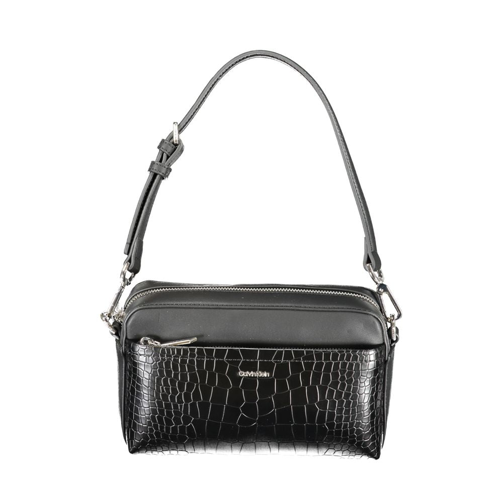 Calvin Klein Black Polyester Handbag with adjustable strap, external and internal pockets, zipper, and logo detail.