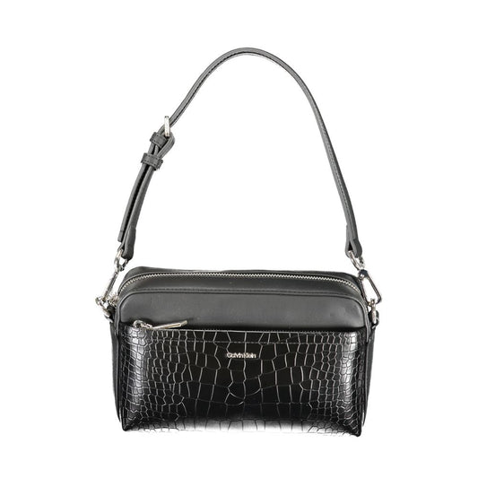 Calvin Klein Black Polyester Handbag with adjustable strap, external and internal pockets, zipper, and logo detail.
