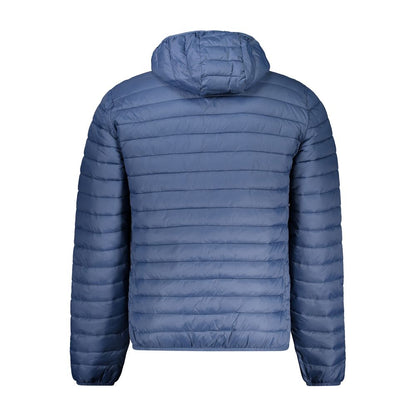 Back view of North Sails Blue Polyamide Men Jacket with hood and quilted design.