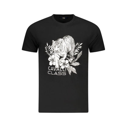 Cavalli Class Black Cotton Men T-Shirt with bold print and logo on short sleeve, versatile for casual or evening wear.