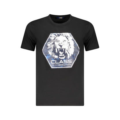 Cavalli Class Black Cotton Men T-Shirt with bold lion print and logo on black crew neck, luxury fashion statement.