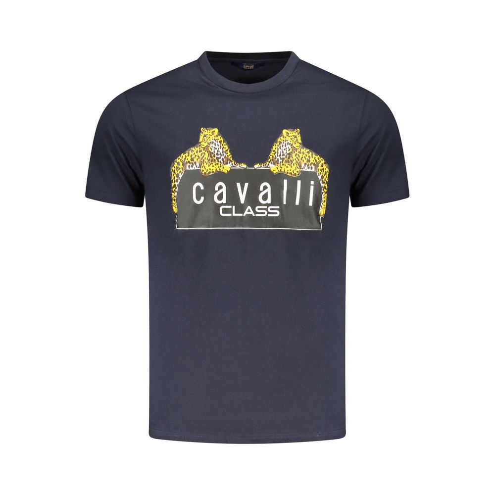 Cavalli Class Blue Cotton Men T-Shirt with striking logo print, crew neck short sleeves, luxury casual wear.