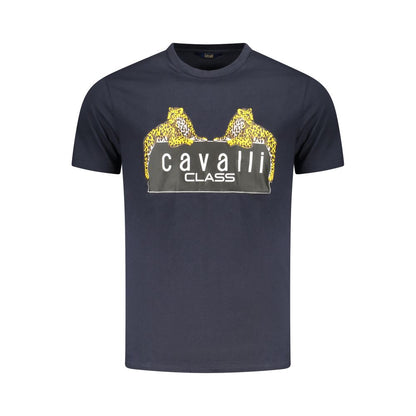 Cavalli Class Blue Cotton Men T-Shirt with striking logo print, crew neck short sleeves, luxury casual wear.