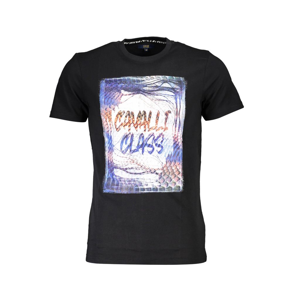Cavalli Class Black Cotton Men T-Shirt with logo print, crew neck, short sleeves, exuding Italian luxury and modern edgy style.
