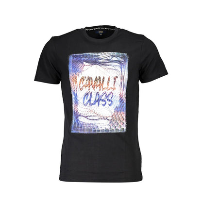 Cavalli Class Black Cotton Men T-Shirt with logo print, crew neck, short sleeves, exuding Italian luxury and modern edgy style.
