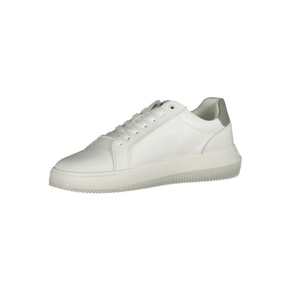 Calvin Klein White Leather Men Sneaker with recycled rubber sole and grey accents, offering modern style and comfort.