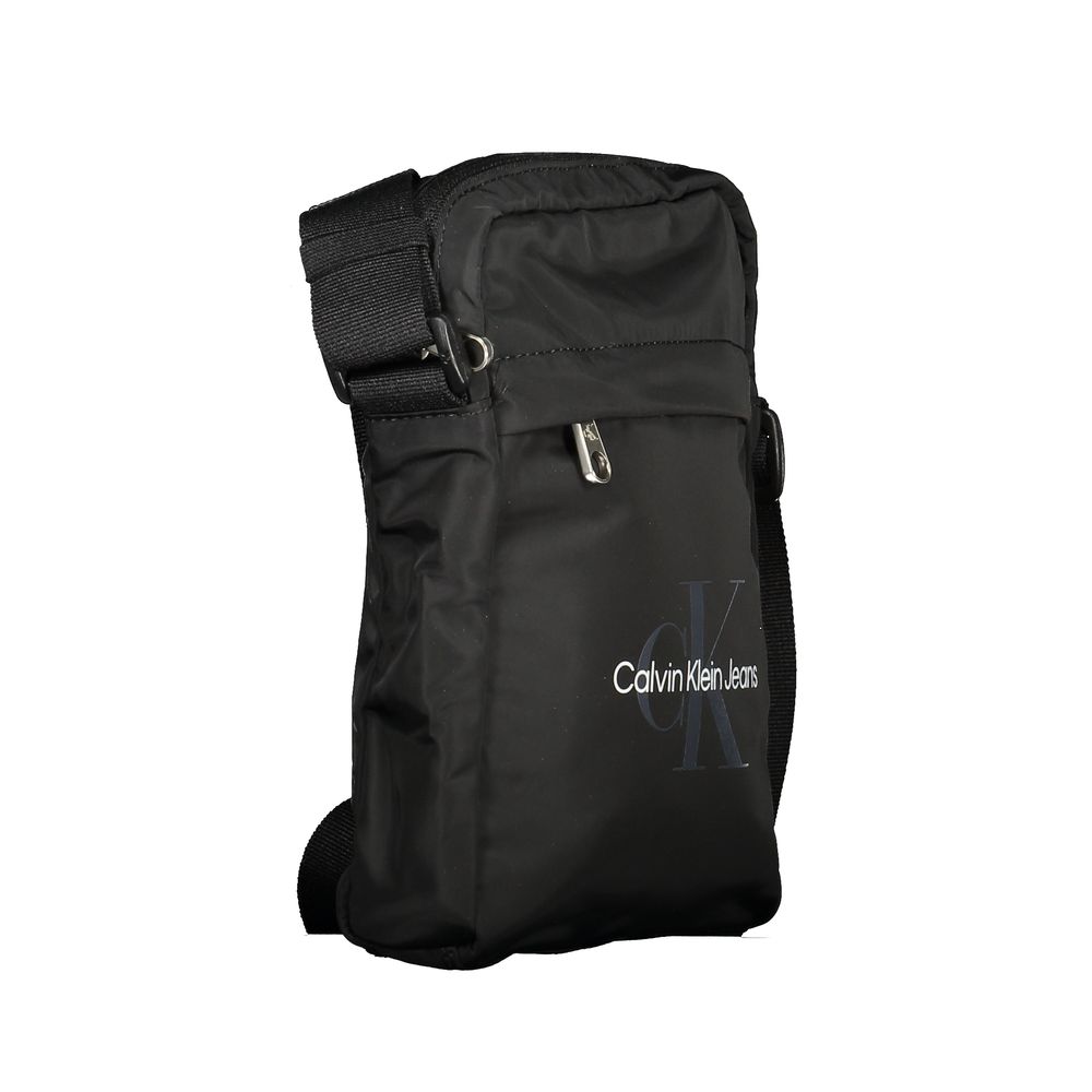 Calvin Klein Black Polyester Men Shoulder Bag with adjustable strap and external pocket, made from 95% recycled material.
