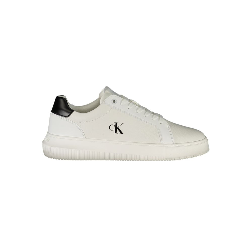 Calvin Klein White Leather Men Sneaker with black details and CK logo, stylish and versatile footwear for modern fashion enthusiasts.