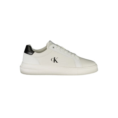 Calvin Klein White Leather Men Sneaker with black details and CK logo, stylish and versatile footwear for modern fashion enthusiasts.