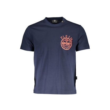 Plein Sport Blue Cotton Men T-Shirt with logo print, crew neck, and short sleeves, showcasing daring style for casual or gym wear.