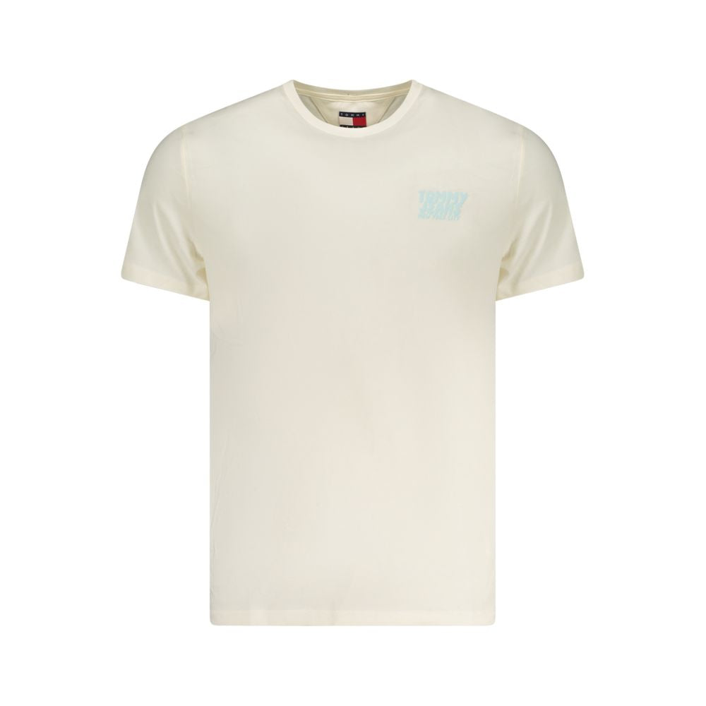 Tommy Hilfiger Beige Cotton Men T-Shirt with short sleeves and logo print, ideal for casual and sustainable fashion.