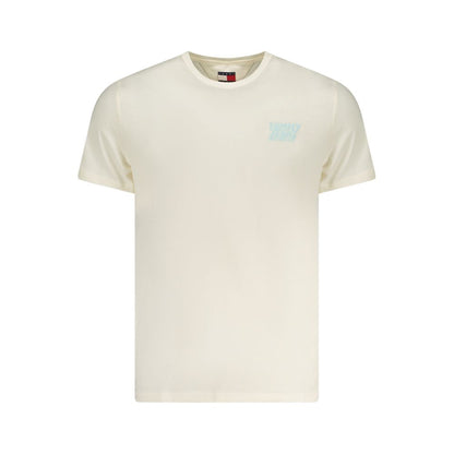 Tommy Hilfiger Beige Cotton Men T-Shirt with short sleeves and logo print, ideal for casual and sustainable fashion.