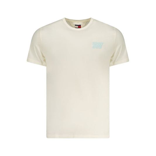 Tommy Hilfiger Beige Cotton Men T-Shirt with short sleeves, crew neck, and iconic logo, perfect for sustainable fashion.