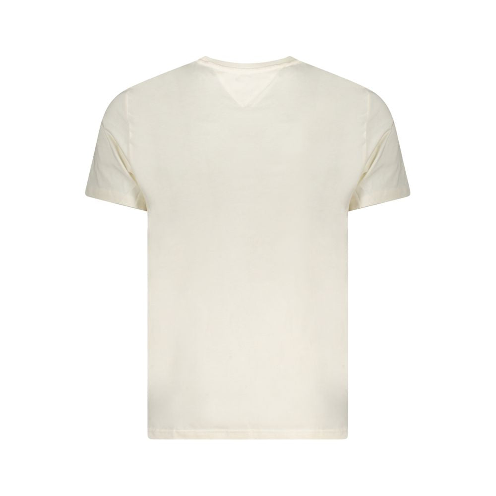 Back view of Tommy Hilfiger Beige Cotton Men T-Shirt with short sleeves showcasing its sustainable 95% regenerative cotton fabric.