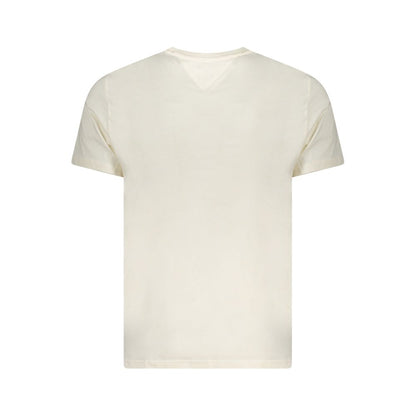 Back view of Tommy Hilfiger Beige Cotton Men T-Shirt with short sleeves showcasing its sustainable 95% regenerative cotton fabric.