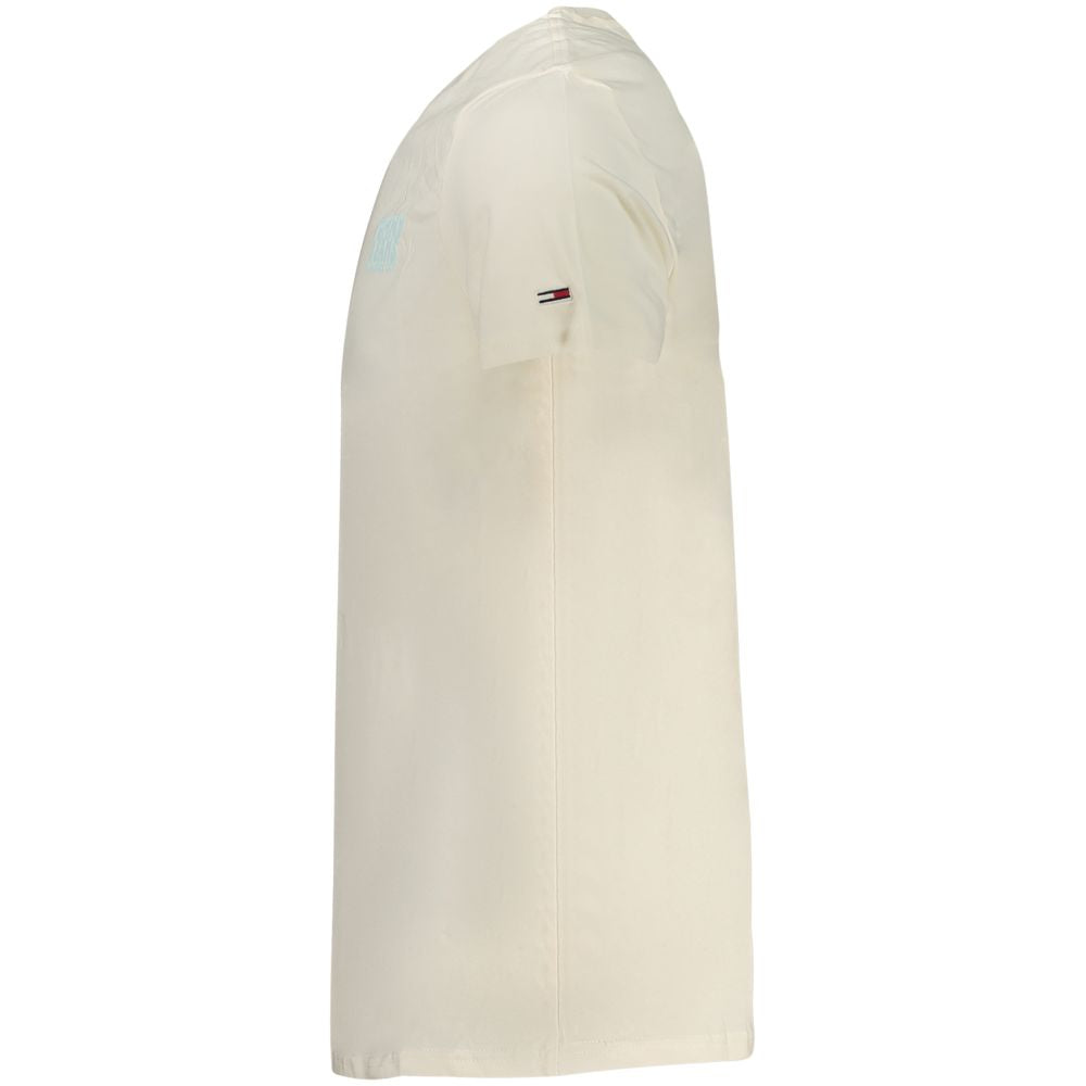 Tommy Hilfiger Beige Cotton Men T-Shirt with short sleeves and crew neck, side view with logo detail, made from 95% regenerative cotton.