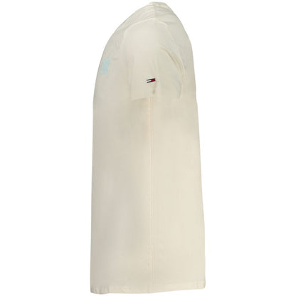 Tommy Hilfiger Beige Cotton Men T-Shirt with short sleeves and crew neck, side view with logo detail, made from 95% regenerative cotton.