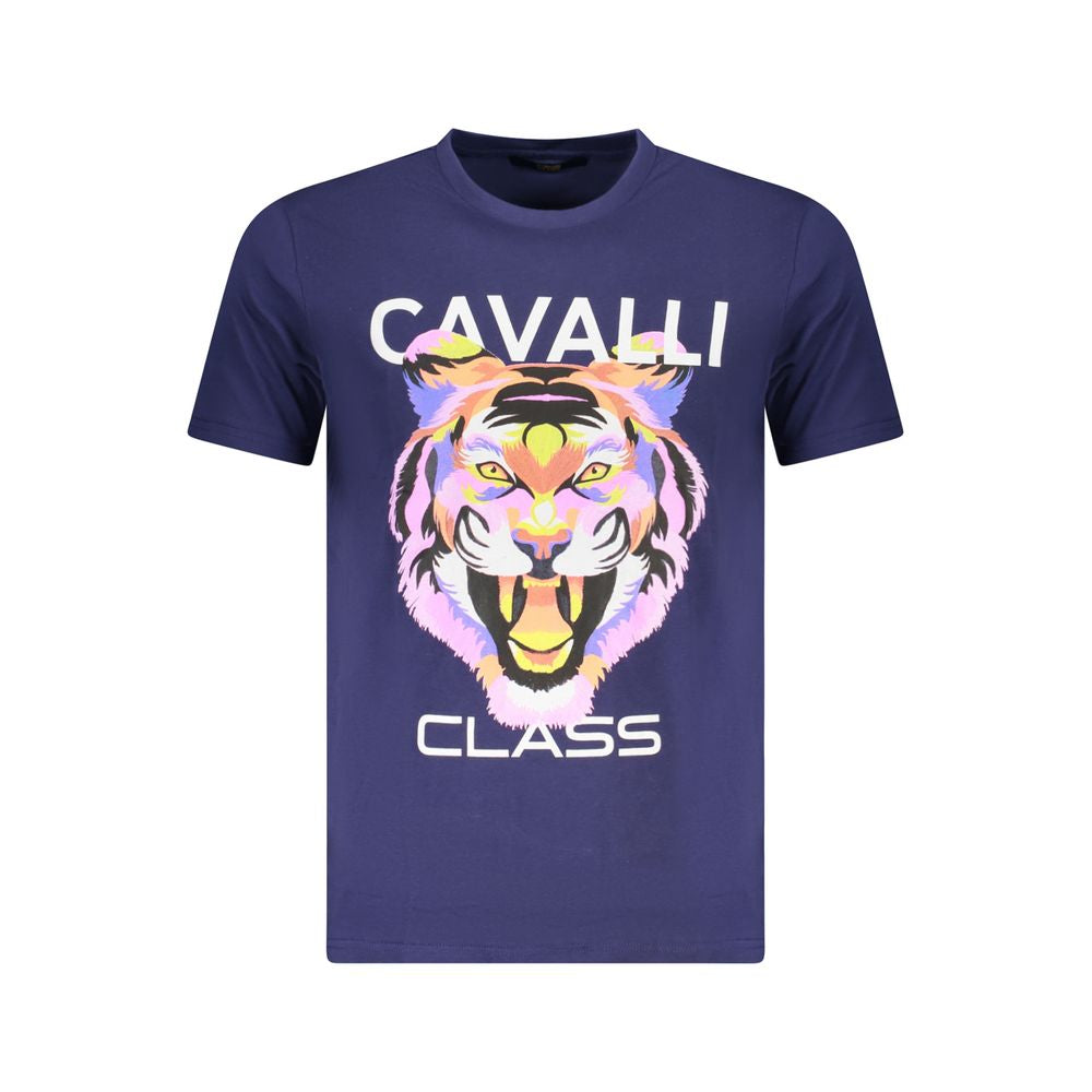 Cavalli Class Blue Cotton Men T-Shirt with bold tiger print and logo, short-sleeve crew neck design.