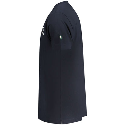 Side view of Armata Di Mare Blue Cotton Men T-Shirt showcasing short sleeves and bold print, epitomizing nautical sophistication.