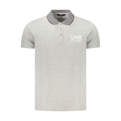 Cavalli Class Gray Cotton Polo Shirt with short sleeves, 3 buttons, contrasting details, and logo print.