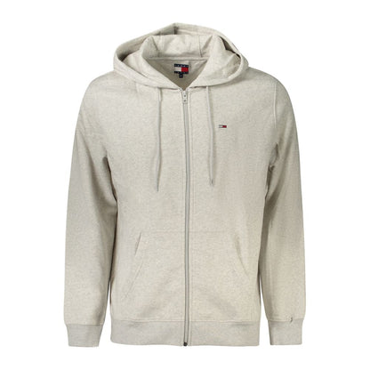 Tommy Hilfiger Gray Cotton Men Sweater with zip closure and hood, featuring iconic logo embroidery.