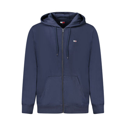 Tommy Hilfiger Blue Cotton Men Sweater featuring hood, full zip, central pockets, and embroidery logo on vibrant blue cotton.