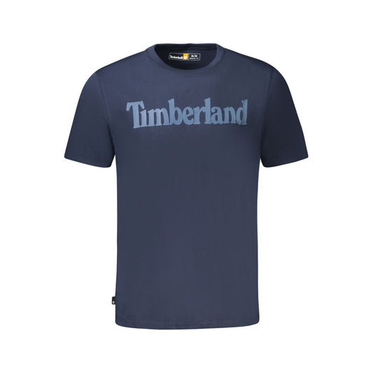 Timberland Blue Cotton T-Shirt with short sleeves and wordmark logo, made from 100% organic cotton, perfect casual wear.