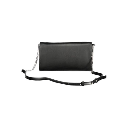 Calvin Klein Black Polyester Handbag with adjustable shoulder strap, twist closure, and logo detailing.