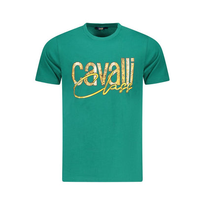 Cavalli Class Green Cotton Men T-Shirt with bold logo and vibrant design, perfect for a stylish and trendy look.