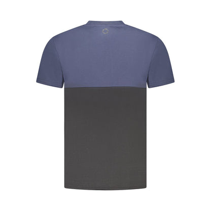 Trussardi Blue Cotton Men T-Shirt featuring two-tone design with contrasting details and logo on back view.