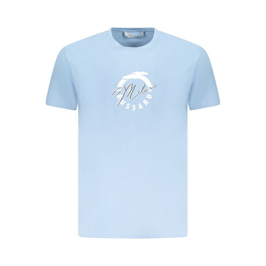 Trussardi Light Blue Cotton Men T-Shirt with logo print, short sleeves, crafted from premium cotton for comfort and durability.