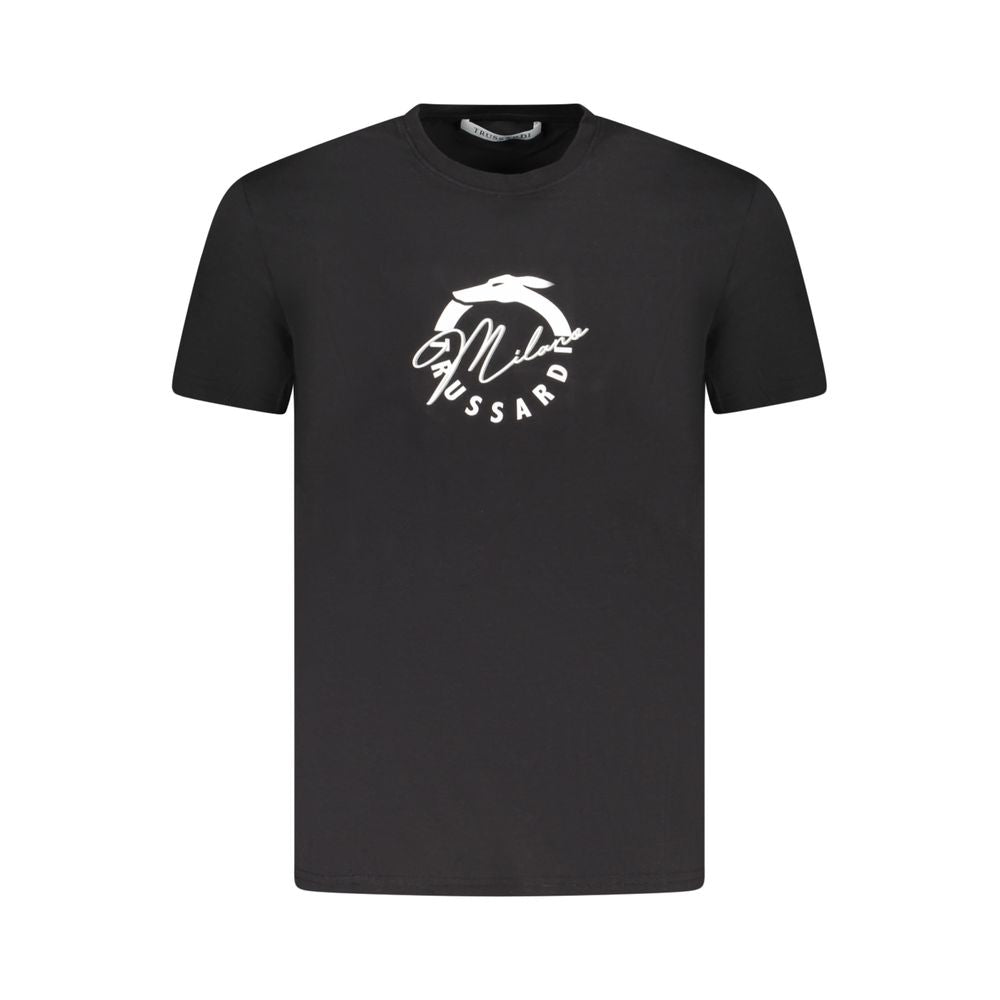 Trussardi Black Cotton Men T-Shirt with eye-catching logo print offering urban elegance and luxury.