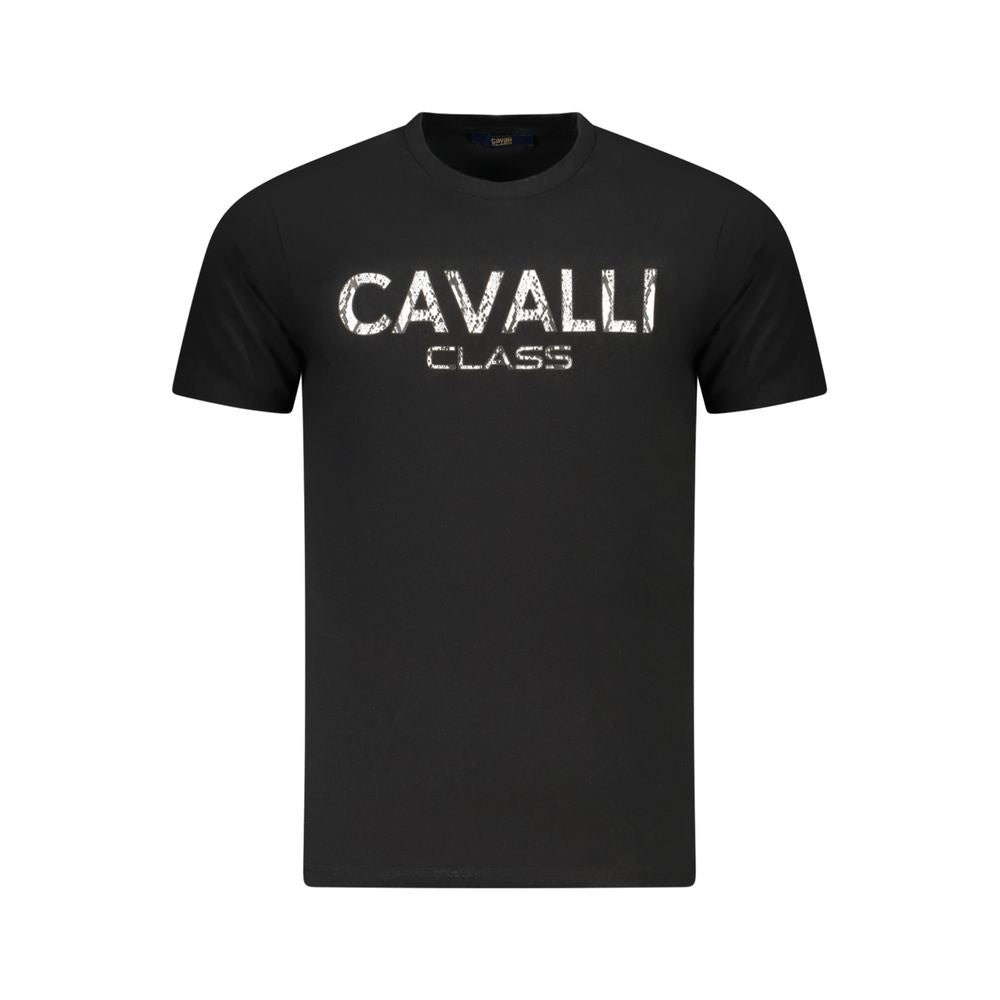 Cavalli Class Black Cotton Men T-Shirt with bold logo print showcasing premium style. Crafted for fashion-forward individuals. 100% cotton.