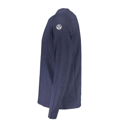 Side view of North Sails Blue Cotton Men T-Shirt with long sleeves and logo detail, showcasing its premium cotton material for comfort.