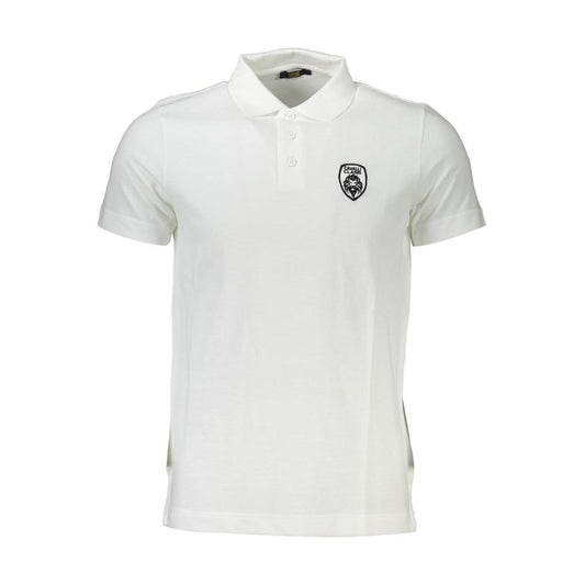 Cavalli Class White Cotton Men Polo Shirt with embroidery and logo on the front, luxury short sleeve design for a classic look.