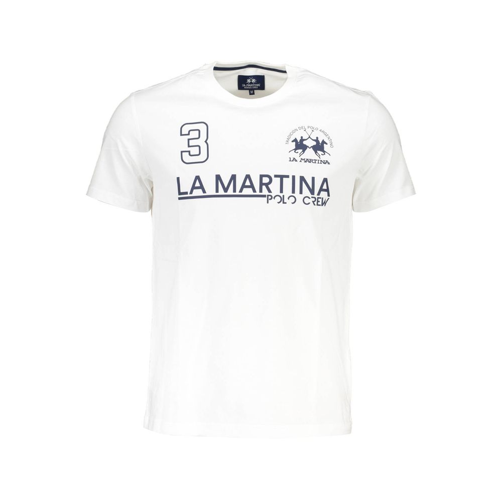 Alt Tag: La Martina White Cotton Men T-Shirt with crew neck and logo print, perfect for contemporary fashion.