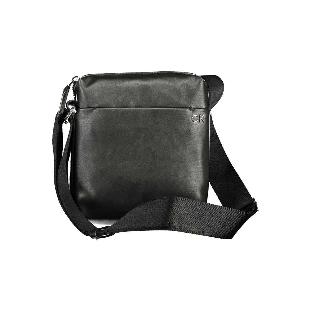 Calvin Klein Black Polyester Men Shoulder Bag with adjustable strap and logo, made from 50% recycled materials, eco-conscious fashion.