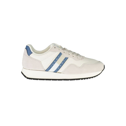 Tommy Hilfiger White Leather Men Sneaker with blue accents, perfect for casual style and comfort.