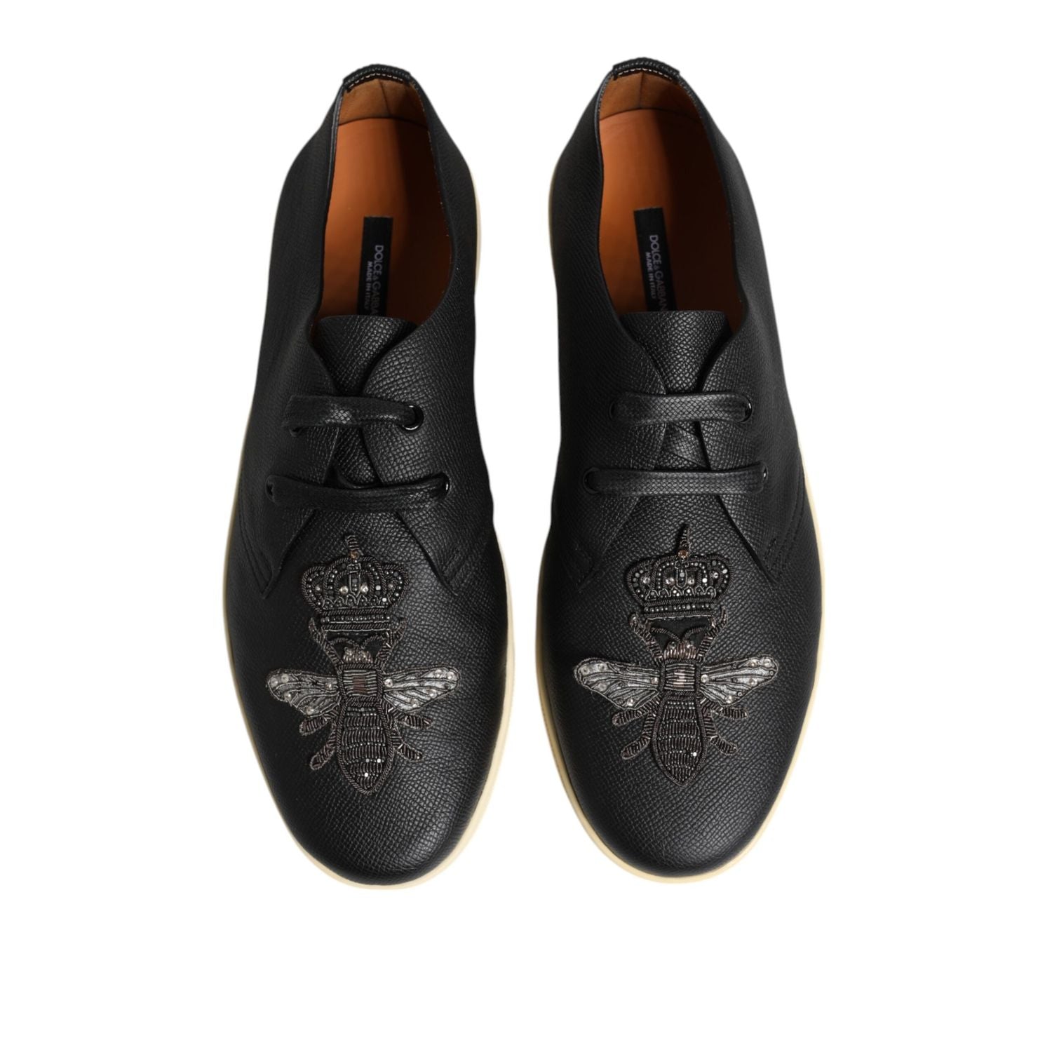Dolce & Gabbana Black Leather Bee Crown Low Top Sneakers Shoes