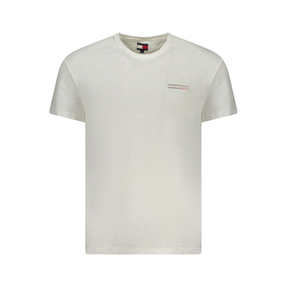 Tommy Hilfiger White Cotton Men T-Shirt with logo and vibrant print, made of 95% regenerative cotton for sustainable fashion.